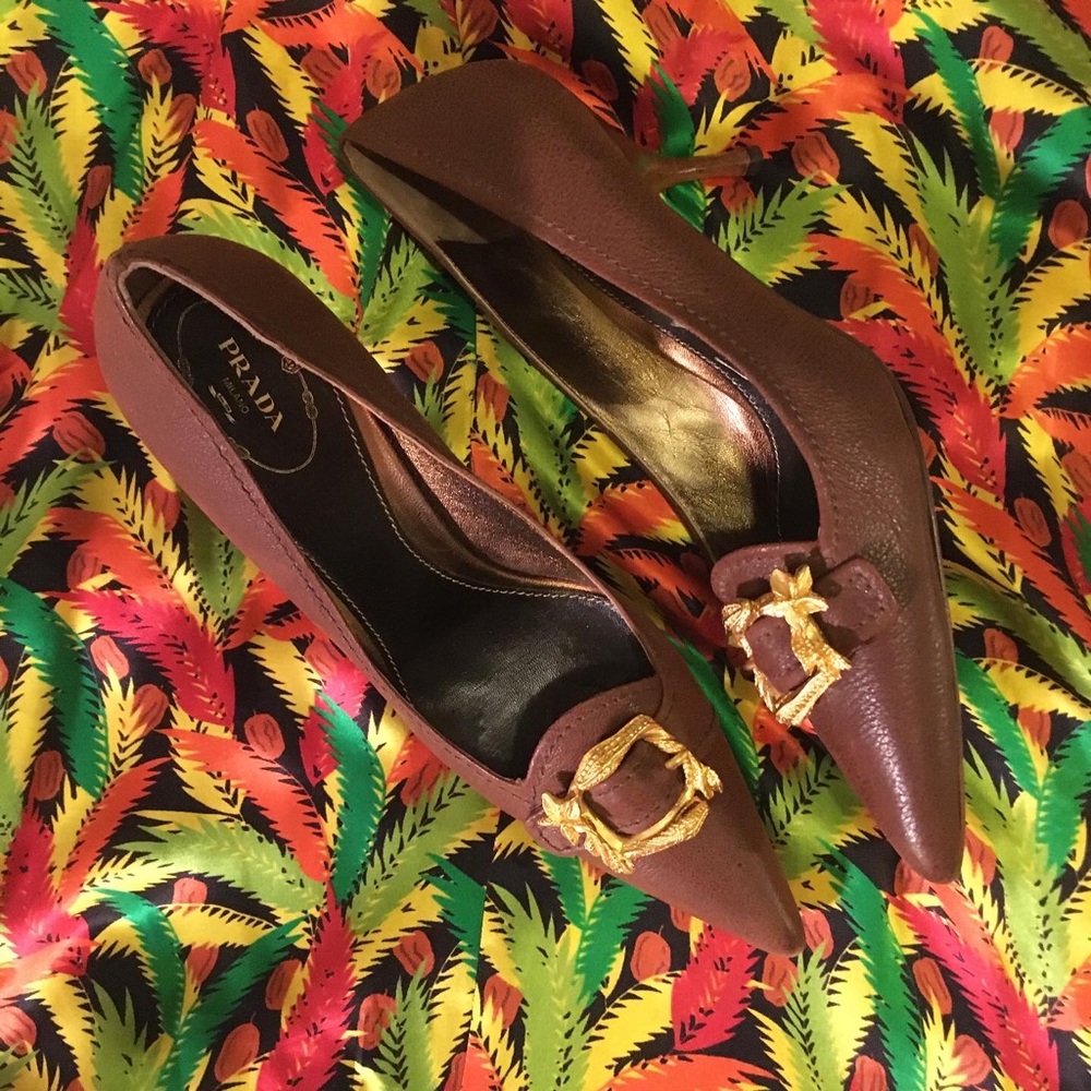 Brown Prada Pumps with Snake Buckles
